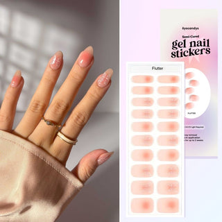 Close-up of hand with EyeCandys Flutter Gel Nail Stickers, featuring easy-to-apply spring nails that last 2-3 weeks. Allergy-friendly, odor-free, and no UV lamp needed—cures in sunlight in just 5-10 minutes. Perfect for stylish and effortless nail designs, promoting natural nail growth
