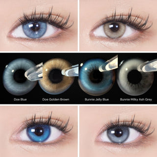 Collage of eyes wearing Eyecandys Doe Blue, Doe Golden Brown, Bunnie Jelly Blue, and Bunnie Milky Ash contact lenses with close-up macro shots of the lens designs