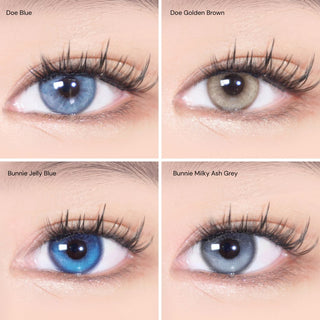Collage of eyes wearing Eyecandys Doe Blue, Doe Golden Brown, Bunnie Jelly Blue, and Bunnie Milky Ash prescription colored contact lenses, showing natural and vibrant eye color transformations