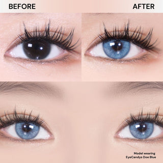 Before and after of dark eyes with long wispy lashes wearing Eyecandys Doe Blue contact lenses