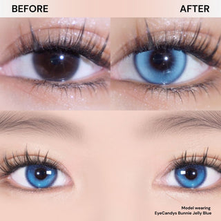 Before and after of eye wearing Eyecandys Bunnie Jelly Blue contact lenses, showing vibrant blue color.