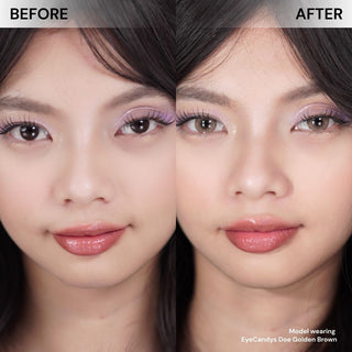 Girl with long wispy lashes before and after wearing Eyecandys Doe Golden Brown prescription colored contact lenses for natural brown eyes