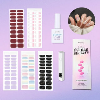 EyeCandys Semi-Cured Gel Nail Stickers with UV Lamp and Glossy Nail Top Glaze. Includes trendy nail designs, easy application, and long-lasting wear. Perfect for at-home manicures and salon-quality results.