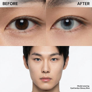 Before and after wearing EyeCandys Glossy Blue prescription colored contact lens on Asian male model, vibrant natural blue eye transformation, best contact lens, affordable contact lens price