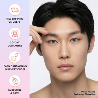 Asian male wearing EyeCandys Glossy Blue colored contact lens, subtle glossy blue eye enhancement, best contact lens choice, budget-friendly contact lens price