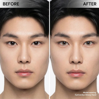 Male model before and after EyeCandys Glossy Hazel colored contact lens, subtle to vibrant hazel eye enhancement, best contact lens choice, budget-friendly contact lens price