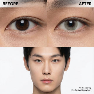 Asian male model before and after EyeCandys Glossy Ivory colored contact lens, subtle to bright ivory eye enhancement, best contact lens choice, budget-friendly contact lens price