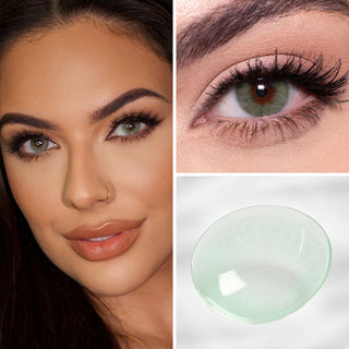 Collage featuring Eyecandys Glossy Green Colored Contacts on a model, showcasing the soft green shade with a natural look, an eye close-up wearing the lens, and a detailed view of the contact lens design.