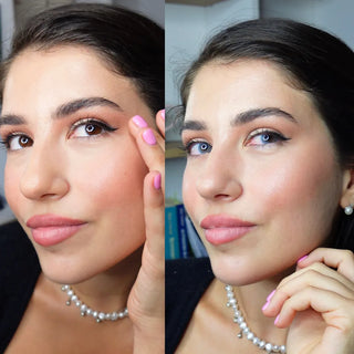Before and after of the Glossy Blue contact lenses on a dark-eyed model with minimal eye makeup