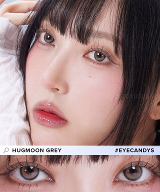 In a close-up shot, the Asian model wears Hugmoon Grey colour contact lenses, highlighting her transformed eyes from dark to brightened.
