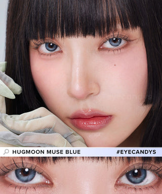 In a close-up shot, the Asian model wears Hugmoon Blue colour contact lenses, highlighting her transformed eyes from dark to brightened.