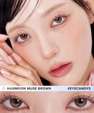 In a close-up shot, the Asian model wears Hugmoon Muse Brown colour contact lenses, highlighting her transformed eyes from dark to brightened.