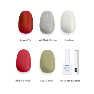 EyeCandys Apple Pie, All That Glitters, Lychee, Red My Mind, and Avo-Cat-O gel nail stickers with top glaze and UV lamp. Full set showcasing vibrant, trendy designs, glossy finish, and easy application for salon-quality nails at home.