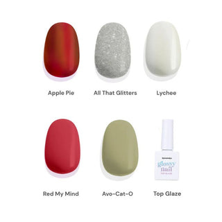 EyeCandys Holiday Set featuring gel nail stickers in Apple Pie, All That Glitters, Lychee, Red My Mind, Avo-Cat-O designs with top glaze.