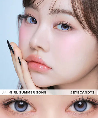 A female model with natural dark eyes wearing i-Girl One Pick Summer Song contact lenses, complemented by subtle eyeshadow and peach lip gloss and Close-up image showcases the model's eyes adorned with the same blue contact lenses