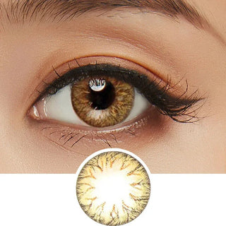 A close-up image showcasing a model wearing Soony brown contact lenses designed for astigmatis, paired with peach eyeshadow. Below, there is a cut-out image displaying the same lens.