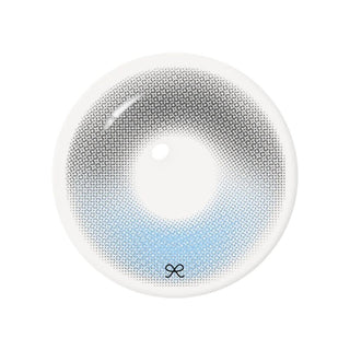 Close-up product image of a gray and icy-blue contact lens featuring an intricate dotted iris pattern, soft gradient coloring, a transparent outer rim, and a small black logo on a clean white background.