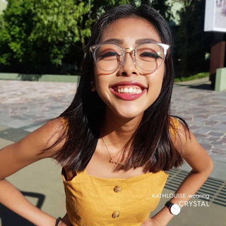 model with simple everyday make up look wearing Infinity Oversized Oval in ice crystal