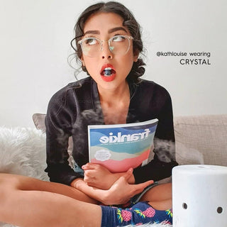 model with simple everyday make up look wearing Infinity Oversized Oval in ice crystal