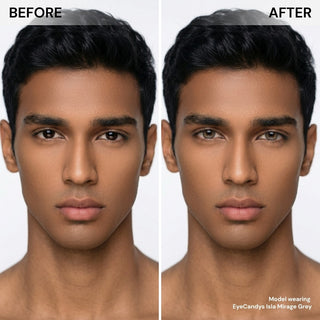 Male model before and after EyeCandys Isla Mirage Grey colored contact lens, subtle to striking grey eye enhancement, best contact lens choice, budget-friendly contact lens price