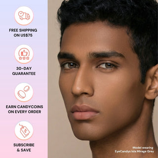 Male wearing EyeCandys Isla Mirage Grey colored contact lens, subtle grey eye enhancement, best contact lens choice, budget-friendly contact lens price