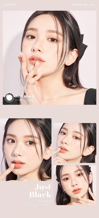 A close-up of a model demonstrating a natural makeup look with Ann365 JUST 1-Day Black (10pk) circle colour contacts, highlighting how well the contact lenses blend with her dark eyes.