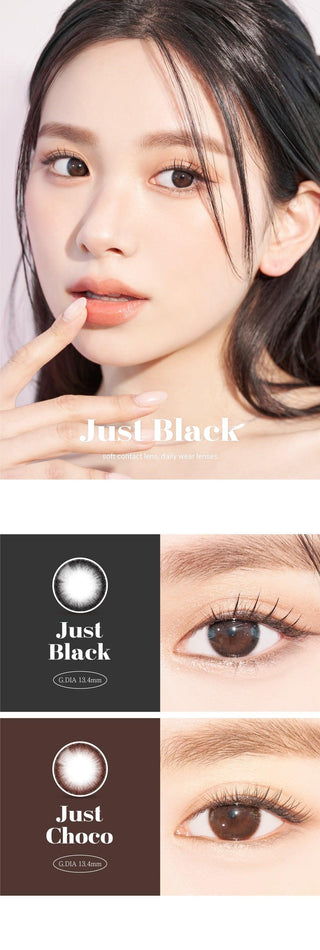 A close-up of a model demonstrating a natural makeup look with Ann365 JUST 1-Day Black (10pk) circle colour contacts, highlighting how well the contact lenses blend with her dark eyes.