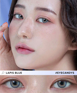 In a close-up shot, the Asian model wears Lapis Blue colour contact lenses, highlighting her transformed eyes from dark to brightened.