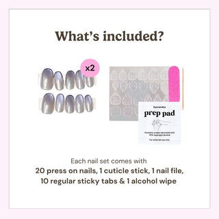 What’s included in the box: 20 press on nails, cuticle stick, nail file, 10 adhesive tabs, and alcohol wipe for easy at-home manicure application.