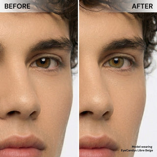 Male model before and after EyeCandys Libre Beige colored contact lens, subtle to vibrant beige eye enhancement, best contact lens choice, budget-friendly contact lens price