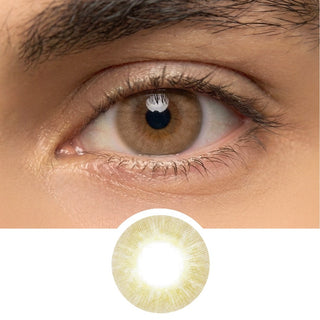 Close-up of male model’s eye wearing EyeCandys Libre Brown prescription colored contact lens, natural warm brown eye enhancement, best contact lens, affordable contact lens price
