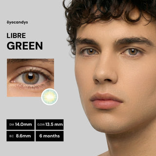 Male model wearing EyeCandys Libre Green prescription colored contact lens, natural vibrant green eyes, best contact lens, affordable contact lens price