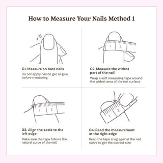 Follow this step-by-step illustrated guide from EyeCandys to measure your nails for Lilac Dew Press-On Nails: place the scale on bare nails, align to the left edge, measure the widest part, and note the size at the right edge. Perfect fit every time!.