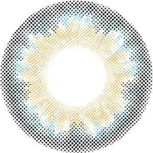 Graphic design of Lilmoon Monthly Water Water Blue-Grey (Non Prescription) circle contact lens packaging with dot pattern and detailed limbal ring, designed to enlarge the eyes