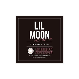 Packaging for Lilmoon Monthly Flamingo Japanese colored contact lenses. Monthly prescription and non-prescription contacts with blush pink tones, smoky gray halo, natural circle lens effect, soft-focus finish, and premium lens packaging.