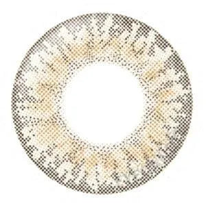 Graphic design of Lilmoon Monthly Cream Beige (Prescription) circle contact lens packaging with dot pattern and detailed limbal ring, designed to enlarge the eyes