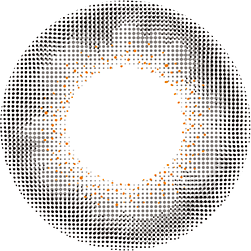 Graphic design of Lilmoon Monthly Rusty Grey (Prescription) circle contact lens packaging with dot pattern and detailed limbal ring, designed to enlarge the eyes