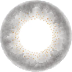 Graphic design of Lilmoon Monthly Rusty Grey (Non Prescription) circle contact lens packaging with dot pattern and detailed limbal ring, designed to enlarge the eyes