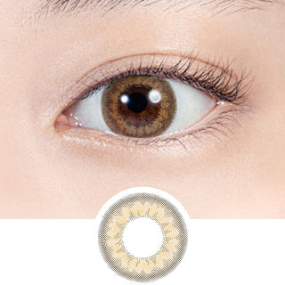 Close-up shot of model's eye adorned with Lilmoon Monthly Skin Beige (Non Prescription) color contact lenses prescription, paired with clean-girl eye makeup, showing the brightening and enlarging effect of the circle contact lens on dark brown eyes, above a cutout of the contact lens with limbal ring on a white background.