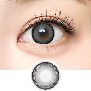 Detailed view of Dekame Look At Me Grey contact lens on a brown eye which also includes a close-up detail of the contact lens.