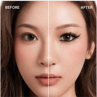 Before-and-after makeup comparison of a woman wearing EyeCandys Hasom Luxury 06 pre-glued cluster lashes, showcasing fuller, defined lashes with black winged eyeliner and a polished makeup look.