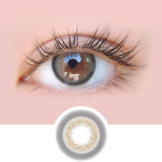 Close up of Maddie Grey circle lenses with prescription, with minimal eye makeup, showing the natural effect of the contact lens
