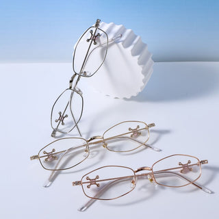 Elegant geometric prescription glasses for wide face by EyeCandys – Marquee metal frames in Rose Gold, Silver, and Gold. Suits heart and oval face shapes, available with Zeiss HMC, photochromic UV lenses, and blue light filters.