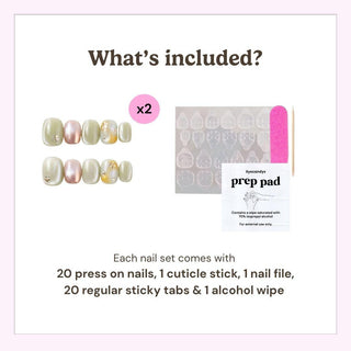 Image showing what's included in EyeCandys Matcha Made Press-On Nails: 20 press-ons, 1 cuticle stick, 1 nail file, 20 sticky tabs, 1 alcohol wipe—plus visuals and two sets of cat-eye design display nails.