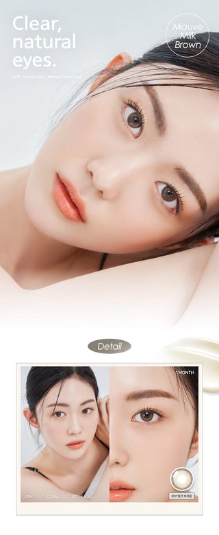 A close-up of a model demonstrating a natural makeup look with Ann365 Mauve Milk Brown circle colour contacts, highlighting how well the contact lenses blend with her dark eyes.