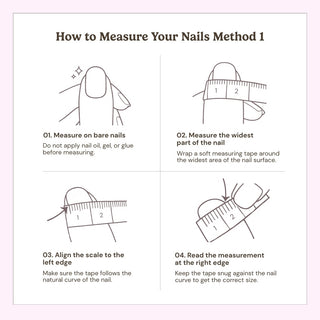 Illustration showing how to measure nails using paper and a tape measure for EyeCandys press on nails sizing guide.
