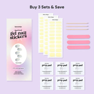 EyeCandys Melon Magic Gel Nail Sticker set includes alcohol prep pads, a wooden stick, and a nail file for easy application. This all-in-one kit ensures a smooth, long-lasting manicure with minimal effort. Perfect for at-home use, these gel nail stickers offer a chip-free finish and come with essential tools for flawless results.