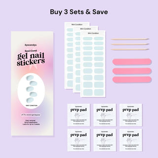EyeCandys Mint Condition gel nail stickers bundle – buy 3 sets and save, includes 3 gel nail wraps, nail files, wooden sticks, alcohol prep pads, press on nails, salon-quality manicure.