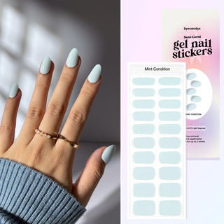 Hand with EyeCandys Mint Condition gel nail stickers – long-lasting press on nails, minimalist green nail design, easy at-home manicure, no UV lamp needed.