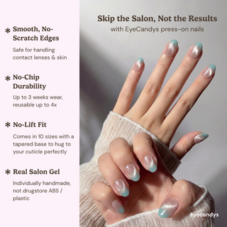 A hand shows off glossy, iridescent pink and blue Mist n Fade Press-On Nails by EyeCandys. Text highlights smooth edges, no-chip durability, and real salon gel quality benefits.